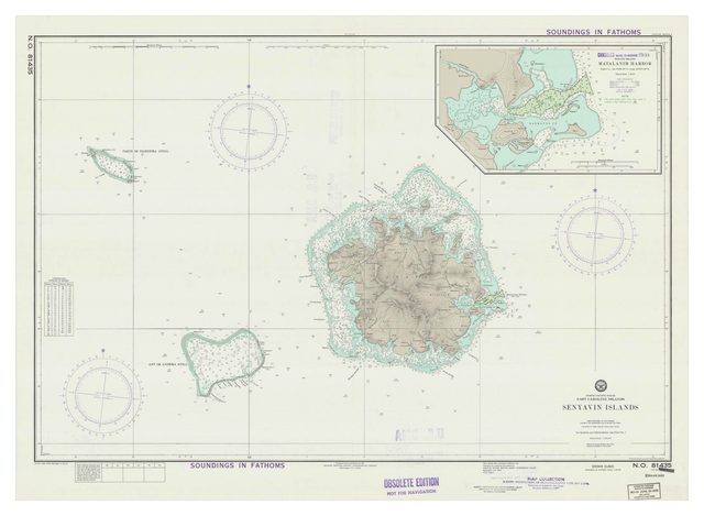 A pale nautical chart on white paper. In the centre, Pohnpei appears as a rounded island shaded brown for high ground and ringed by a speckled blue-green reef; two smaller ringed atolls lie to the north-west and south-west, and an inset at upper right shows a harbour in detail. Compass roses, depth soundings and a title block are printed around them; a purple stamp at the bottom reads “Obsolete edition, not for navigation”.